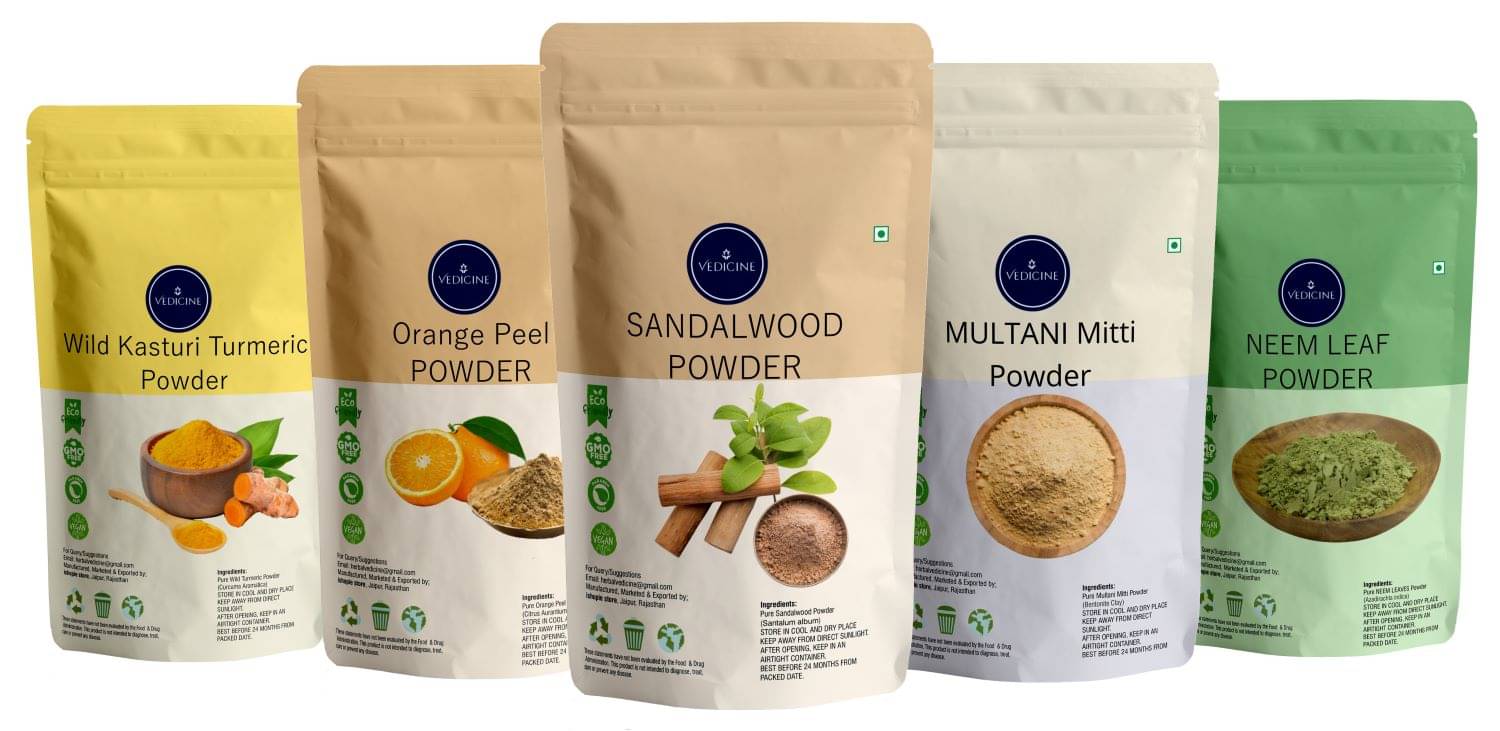Vedicine Wild Turmeric Orange Sandalwood Multnai Mitti Neem Powder For Face (50g each) (Pack of 5) Vedicine Wild Turmeric Orange Sandalwood Multnai Mitti Neem Powder For Face (50g each) (Pack of 5)