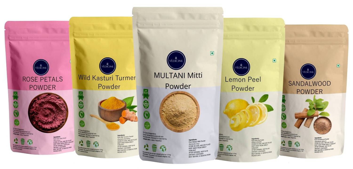     			Vedicine Rose Petals Lemon Peel Powder Wild Turmeric Multani Mitti Sandalwood Powder (100gm each)