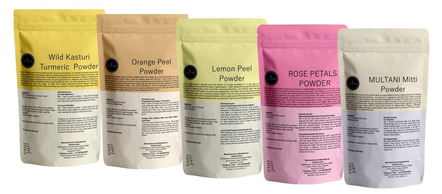     			Vedicine Wild Turmeric Orange Peel Rose Petals Lemon Peel Multani Mitti Powder For Face (50gm each)