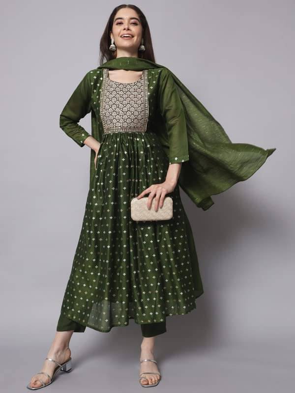 VredeVogel Chanderi Embellished Kurti With Pants Women's Stitched Salwar Suit - Green ( Pack of 1 ) VredeVogel Chanderi Embellished Kurti With Pants Women's Stitched Salwar Suit - Green ( Pack of 1 )