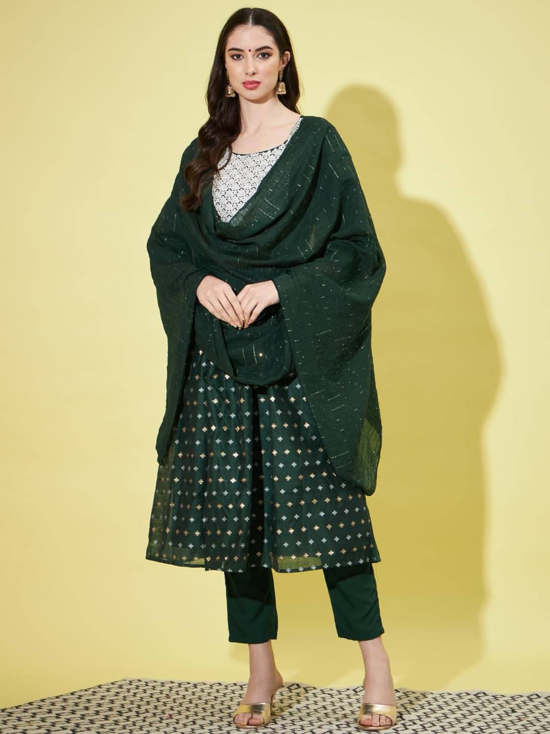     			VredeVogel Chanderi Embroidered Kurti With Pants Women's Stitched Salwar Suit - Green ( Pack of 1 )