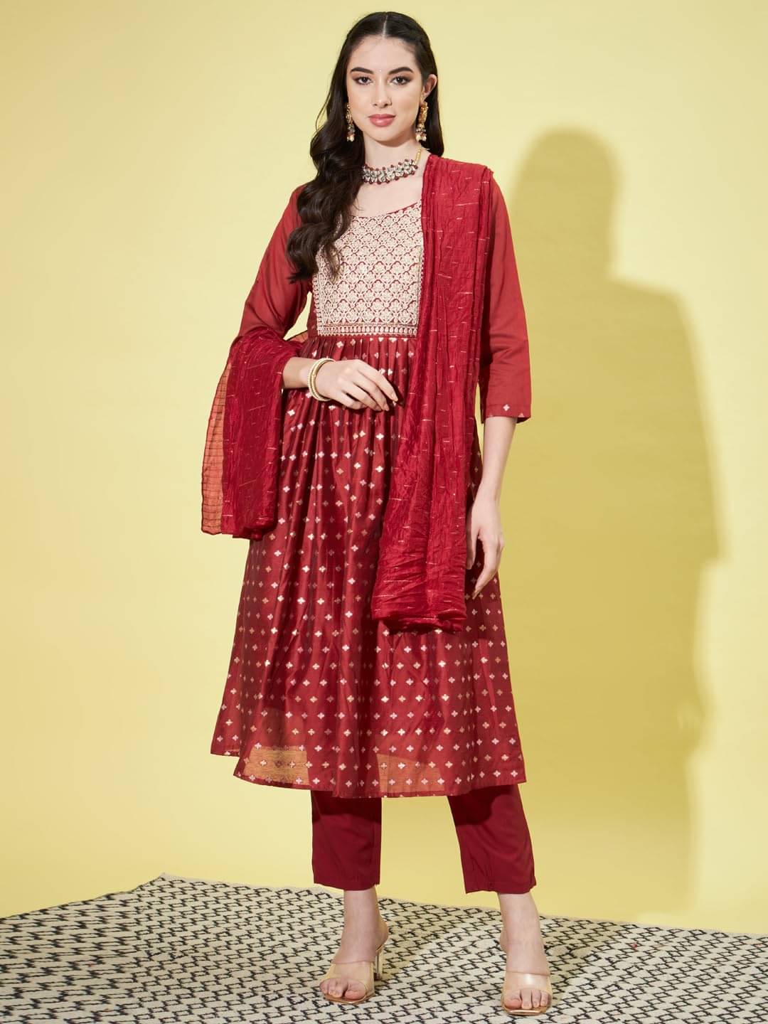 VredeVogel Chanderi Embroidered Kurti With Pants Women's Stitched Salwar Suit - Maroon ( Pack of 1 ) VredeVogel Chanderi Embroidered Kurti With Pants Women's Stitched Salwar Suit - Maroon ( Pack of 1 )