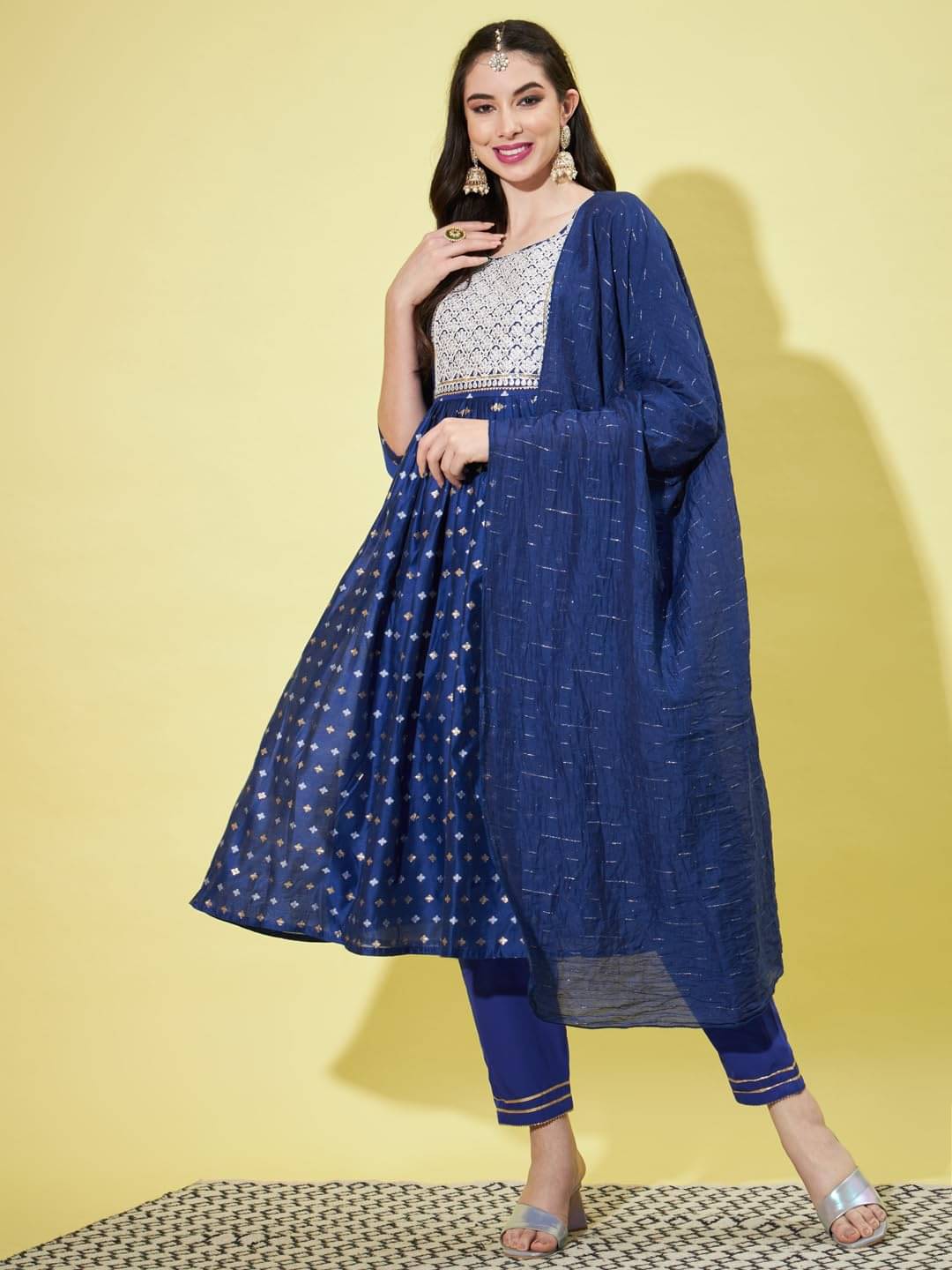     			VredeVogel Chanderi Embroidered Kurti With Pants Women's Stitched Salwar Suit - Blue ( Pack of 1 )