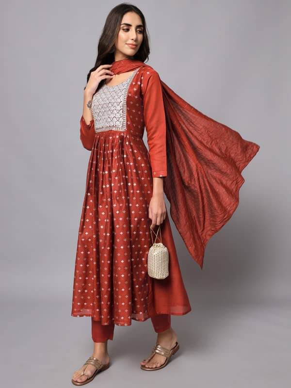 VredeVogel Chanderi Embroidered Kurti With Pants Women's Stitched Salwar Suit - Maroon ( Pack of 1 ) VredeVogel Chanderi Embroidered Kurti With Pants Women's Stitched Salwar Suit - Maroon ( Pack of 1 )