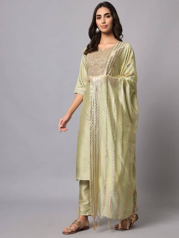 VredeVogel Chanderi Embroidered Kurti With Pants Women's Stitched Salwar Suit - Green ( Pack of 1 ) VredeVogel Chanderi Embroidered Kurti With Pants Women's Stitched Salwar Suit - Green ( Pack of 1 )