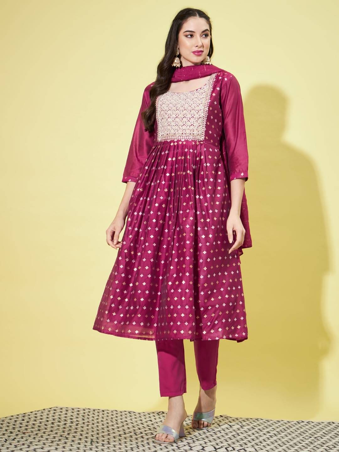     			VredeVogel Chanderi Embroidered Kurti With Pants Women's Stitched Salwar Suit - Purple ( Pack of 1 )