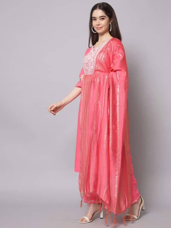 VredeVogel Chanderi Embroidered Kurti With Pants Women's Stitched Salwar Suit - Pink ( Pack of 1 ) VredeVogel Chanderi Embroidered Kurti With Pants Women's Stitched Salwar Suit - Pink ( Pack of 1 )