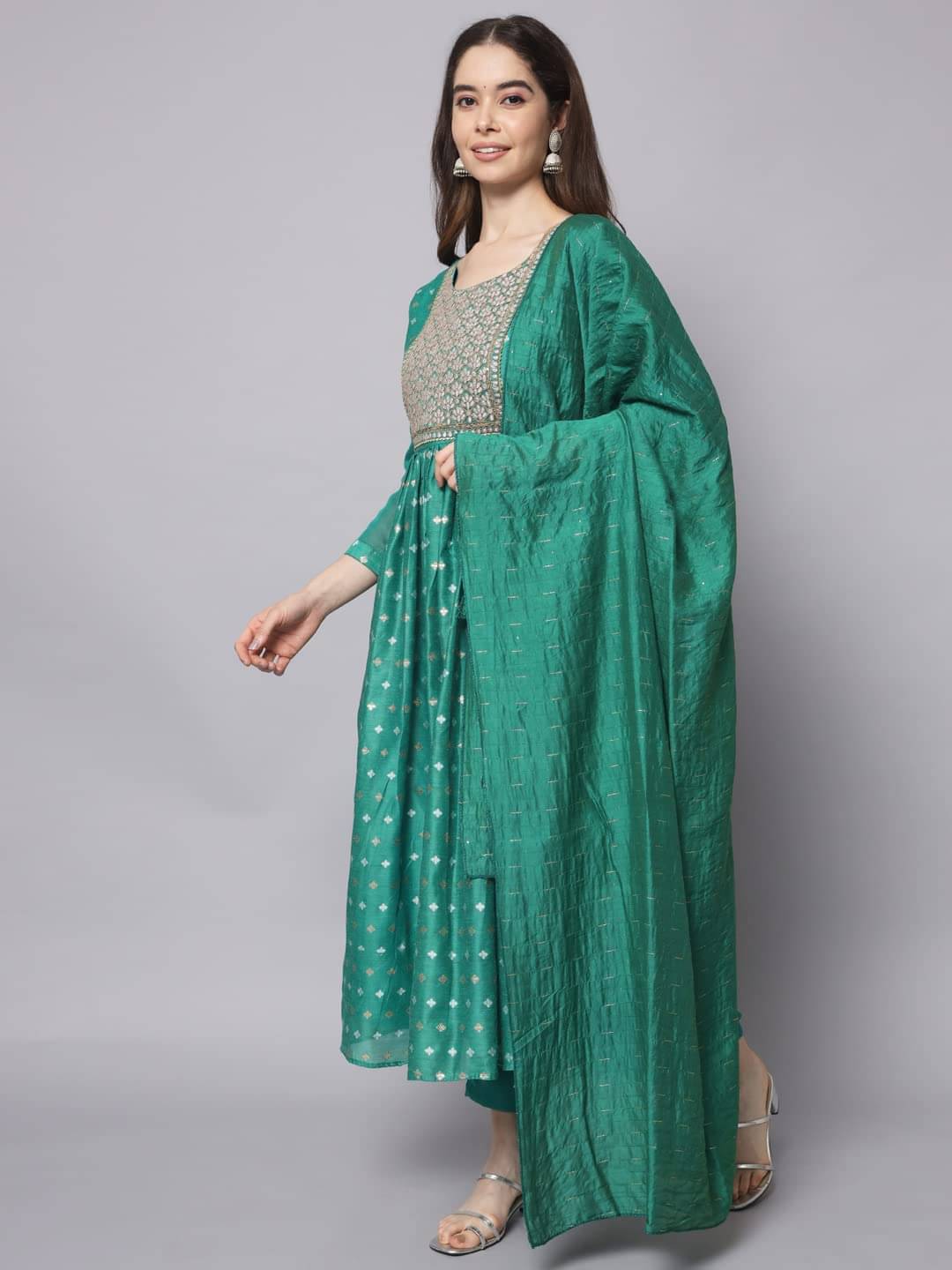 VredeVogel Chanderi Embroidered Kurti With Pants Women's Stitched Salwar Suit - Green ( Pack of 1 ) VredeVogel Chanderi Embroidered Kurti With Pants Women's Stitched Salwar Suit - Green ( Pack of 1 )