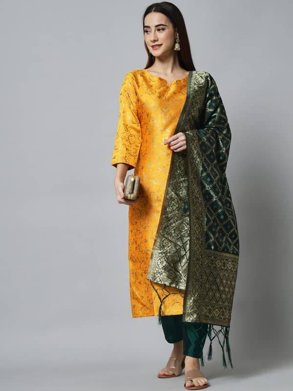 VredeVogel Cotton Silk Embellished Kurti With Pants Women's Stitched Salwar Suit - Yellow ( Pack of 1 ) VredeVogel Cotton Silk Embellished Kurti With Pants Women's Stitched Salwar Suit - Yellow ( Pack of 1 )