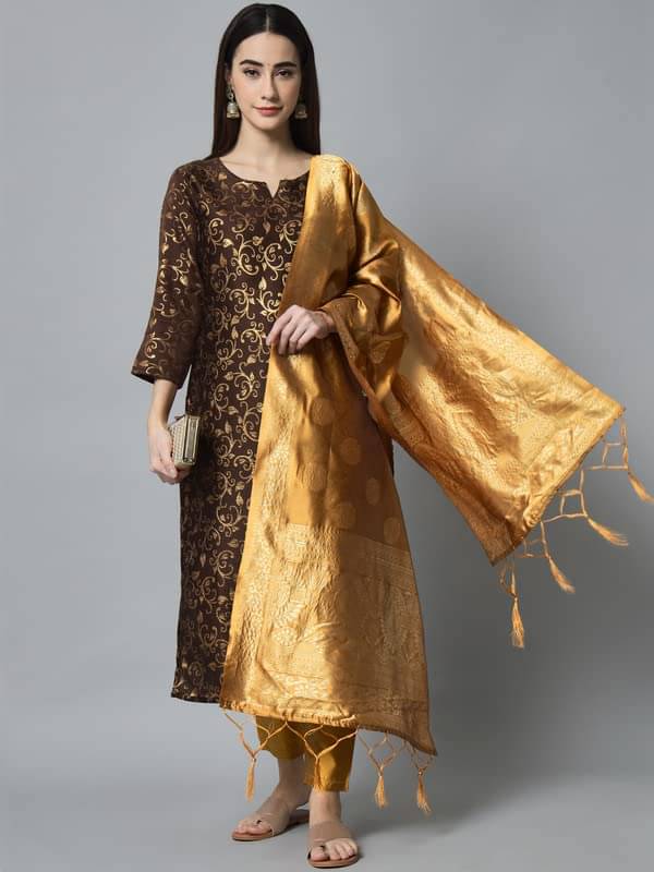 VredeVogel Cotton Silk Embellished Kurti With Pants Women's Stitched Salwar Suit - Coffee ( Pack of 1 )     			VredeVogel Cotton Silk Embellished Kurti With Pants Women's Stitched Salwar Suit - Coffee ( Pack of 1 )