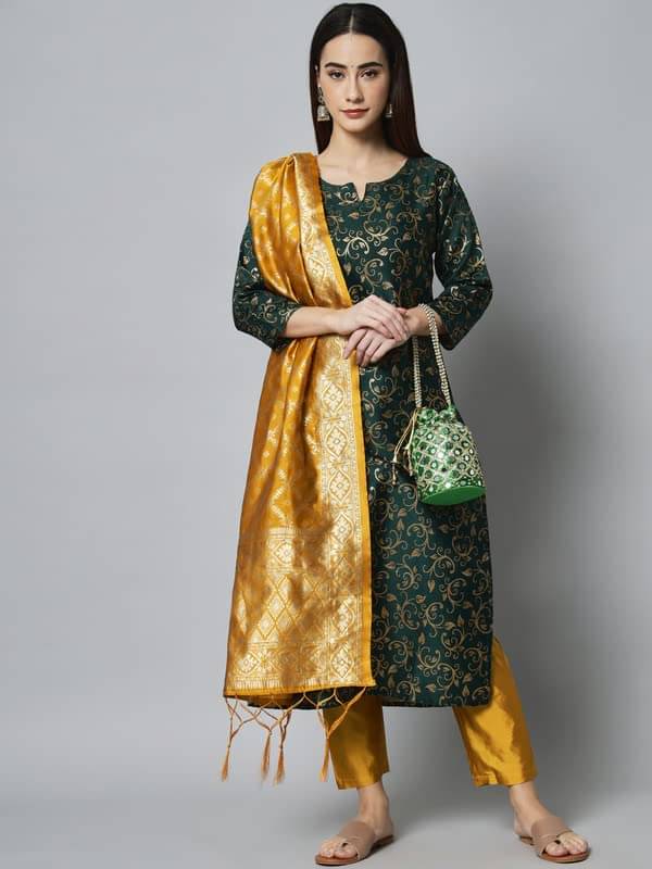 VredeVogel Cotton Silk Embellished Kurti With Pants Women's Stitched Salwar Suit - Green ( Pack of 1 )     			VredeVogel Cotton Silk Embellished Kurti With Pants Women's Stitched Salwar Suit - Green ( Pack of 1 )