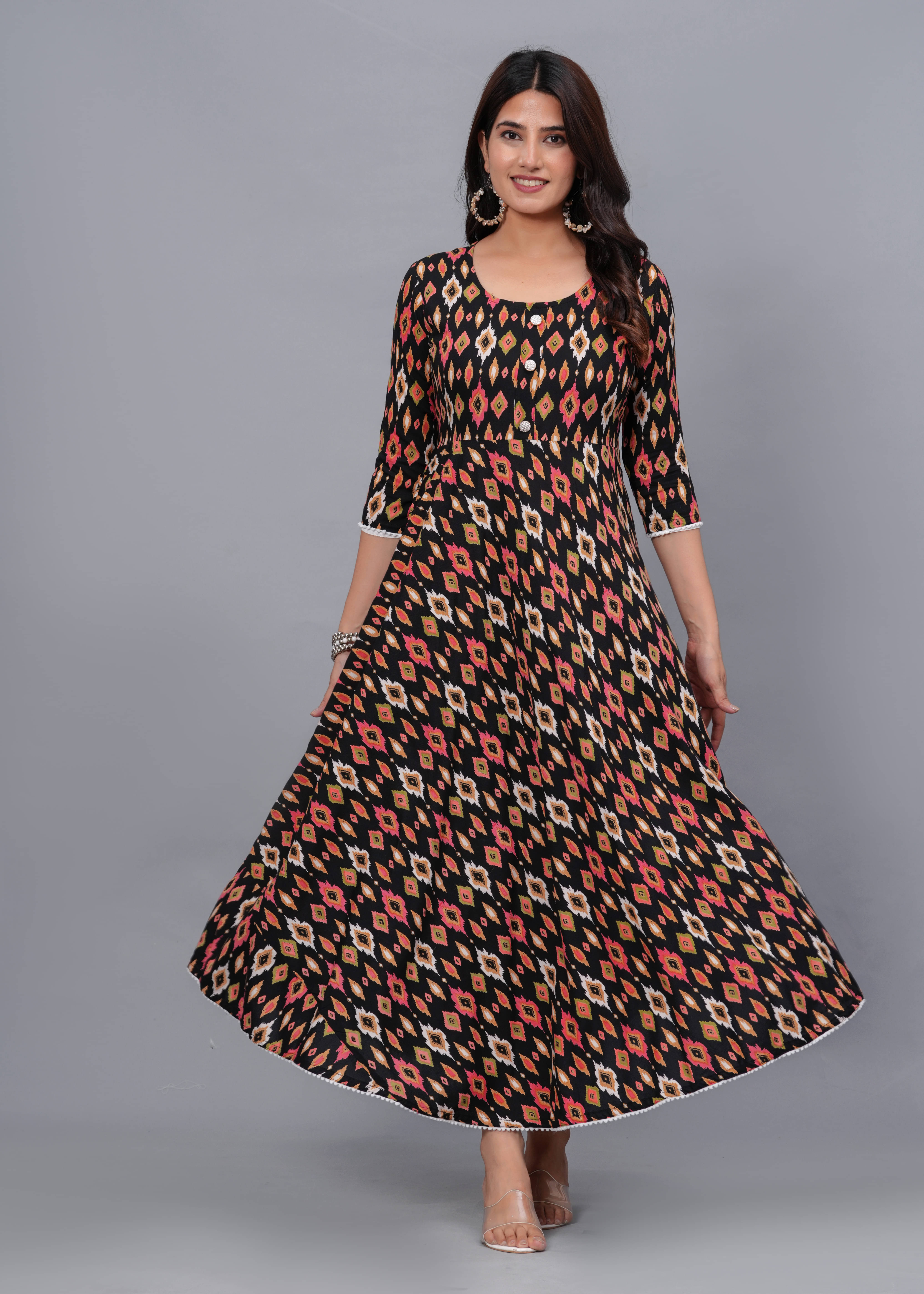     			ANNEIV Rayon Printed Anarkali Women's Kurti - Black ( Pack of 1 )