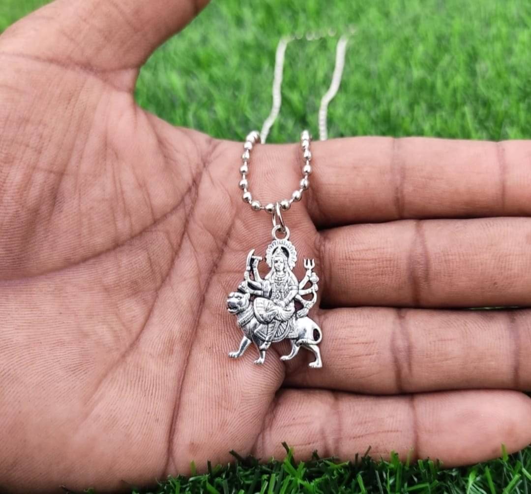 Silver Plated Durga Maa Men's Chain with Pendant - Main Image