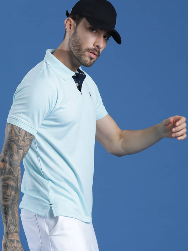 EPPE Pack of 1 Polyester Slim Fit Solid Half Sleeves Men's Polo T Shirt ( Sky Blue )