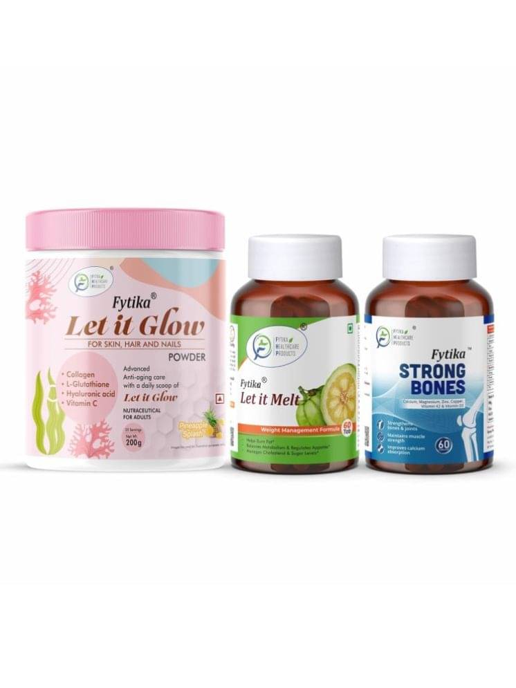 Fytika Let it Glow Pineapple, Collagen Powder-200G + Fytika Let it melt with Garcinia Cambogia, Green coffee-60 Tabs + Fytika Strongbones -60 Tabs Fytika Let it Glow Pineapple, Collagen Powder-200G + Fytika Let it melt with Garcinia Cambogia, Green coffee-60 Tabs + Fytika Strongbones -60 Tabs