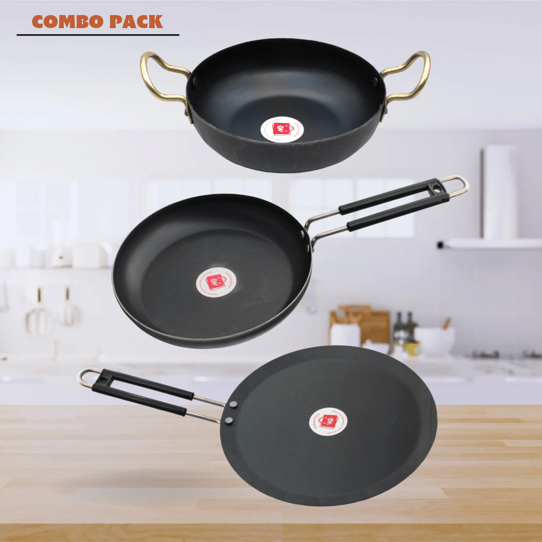 LAZYWINDOW Kadai Tadka Pan Tawa Black Iron No Coating Cookware Sets ( Set of 3 ) LAZYWINDOW Kadai Tadka Pan Tawa Black Iron No Coating Cookware Sets ( Set of 3 )