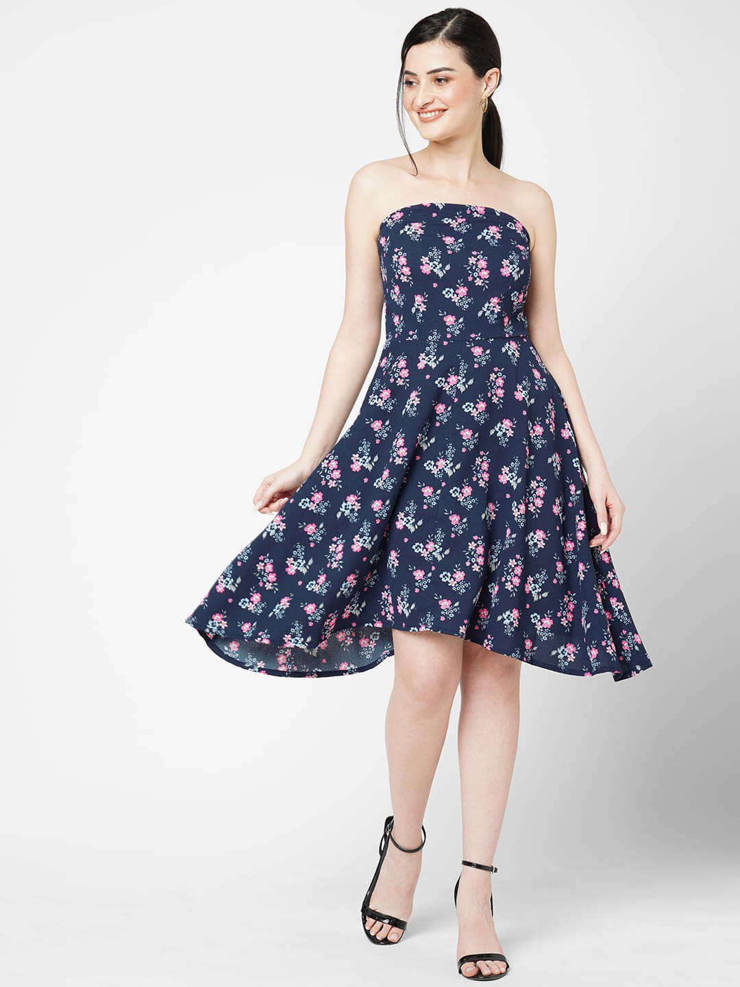     			Leean Patterns Women Georgette Printed Off Shoulder Dress ( Navy )