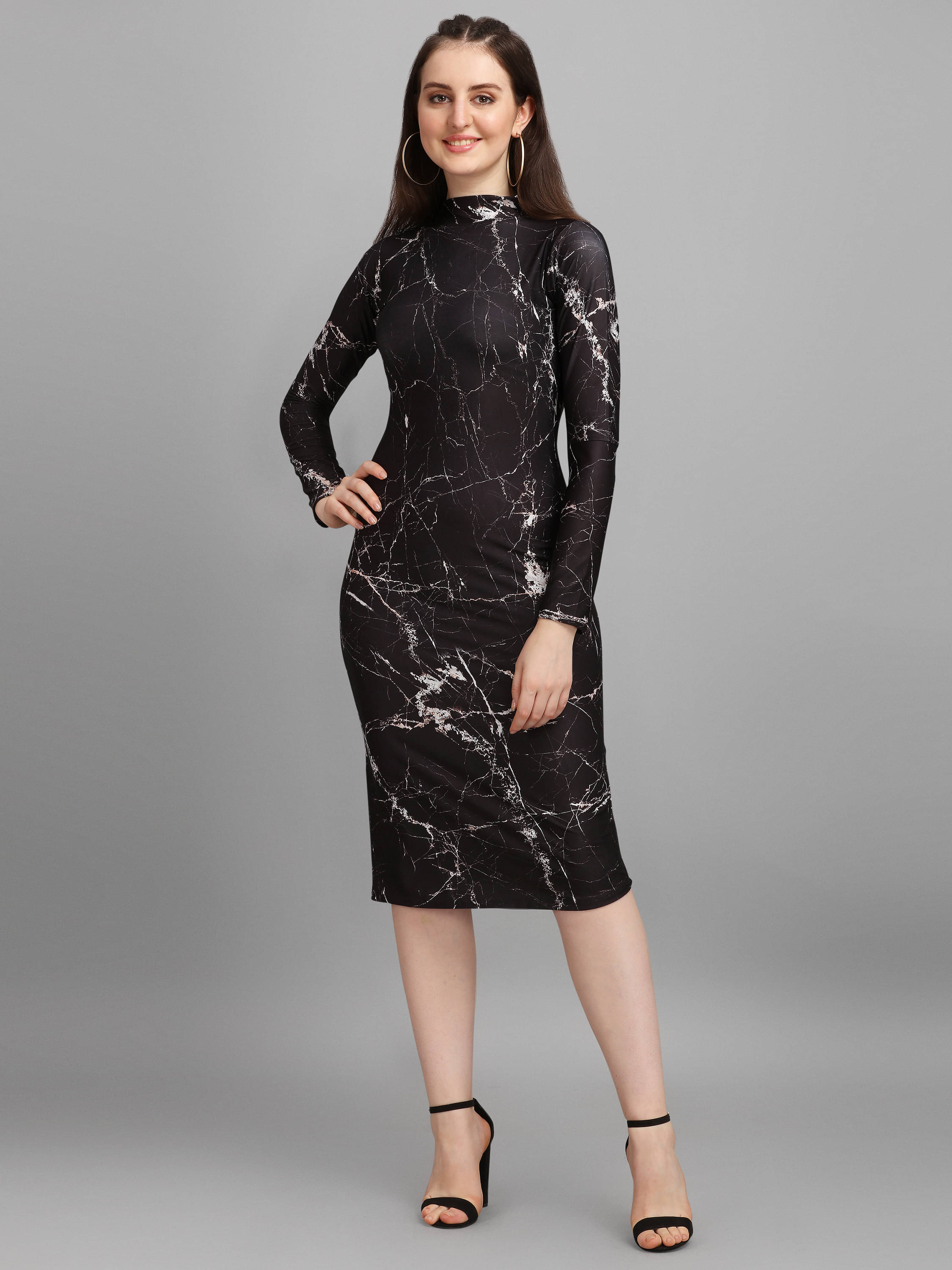     			PURVAJA Women Lycra Printed Bodycon Dress ( Black )