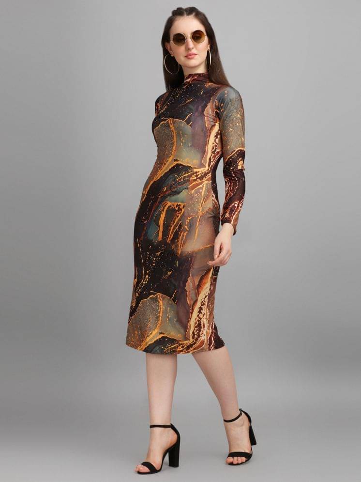 PURVAJA Women Lycra Printed Bodycon Dress ( Brown ) PURVAJA Women Lycra Printed Bodycon Dress ( Brown )