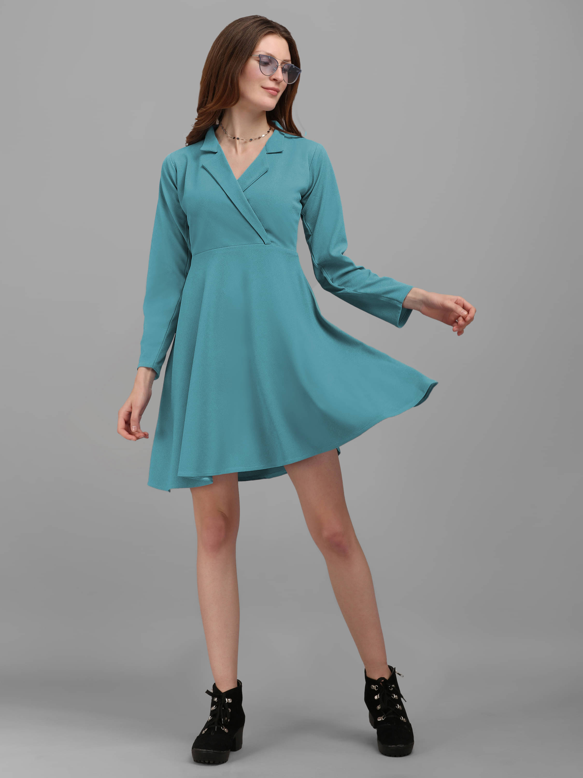     			PURVAJA Women Lycra Solid A-line Dress ( Turquoise )