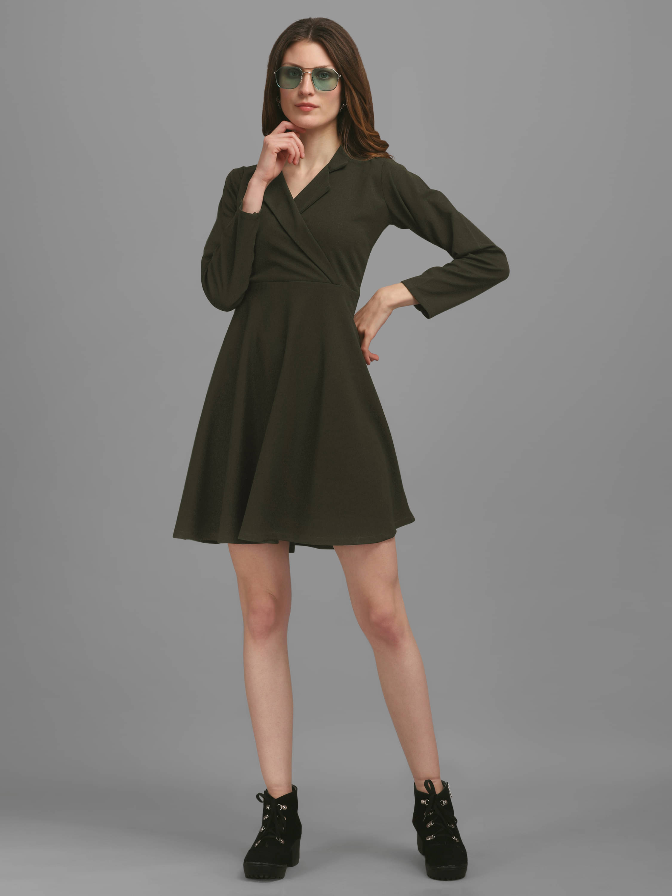 PURVAJA Women Lycra Solid A-line Dress ( Olive ) PURVAJA Women Lycra Solid A-line Dress ( Olive )