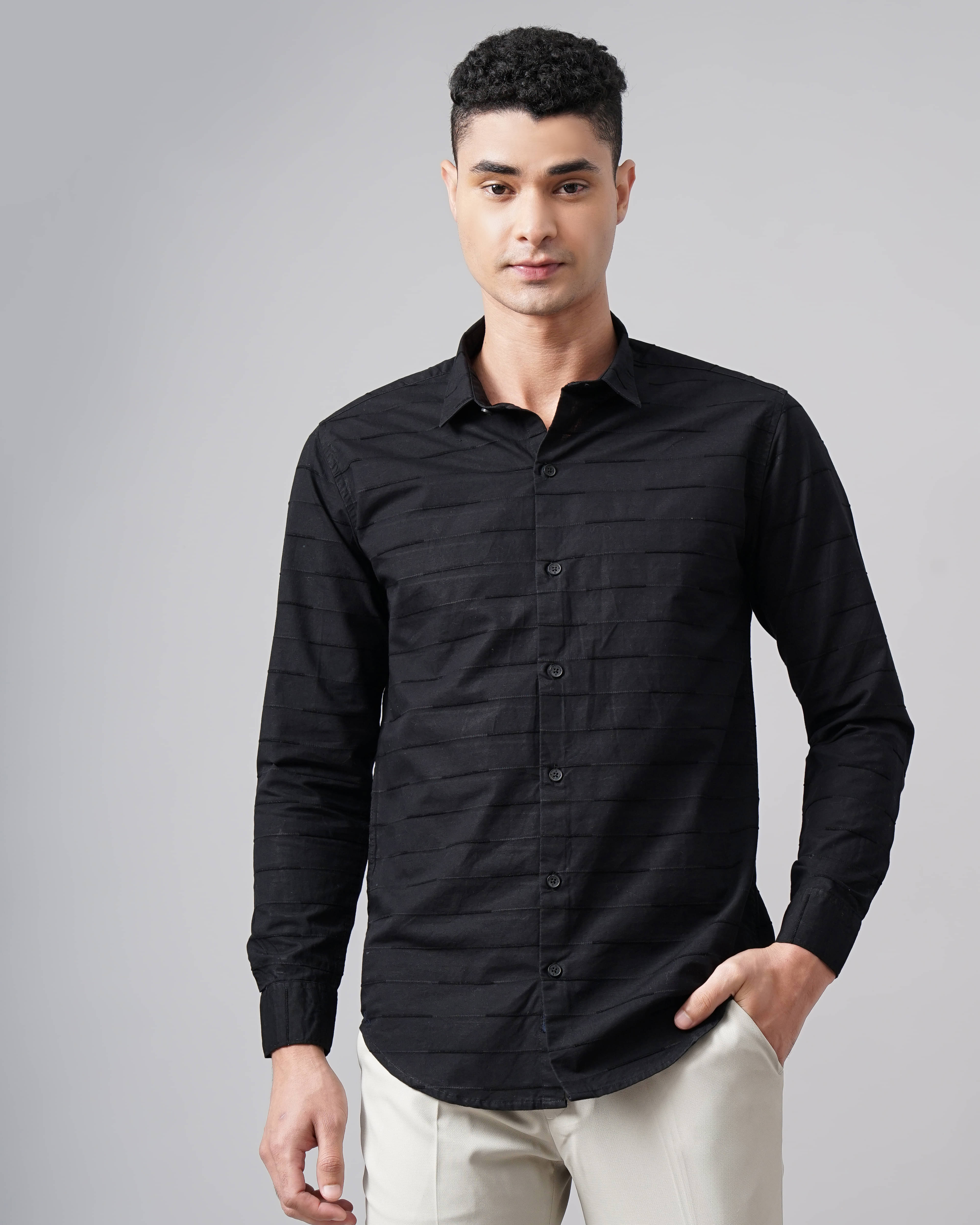 Paul Street Cotton Blend Slim Fit Striped Full Sleeves Men's Casual Shirt - Black ( Pack of 1 )     			Paul Street Cotton Blend Slim Fit Striped Full Sleeves Men's Casual Shirt - Black ( Pack of 1 )