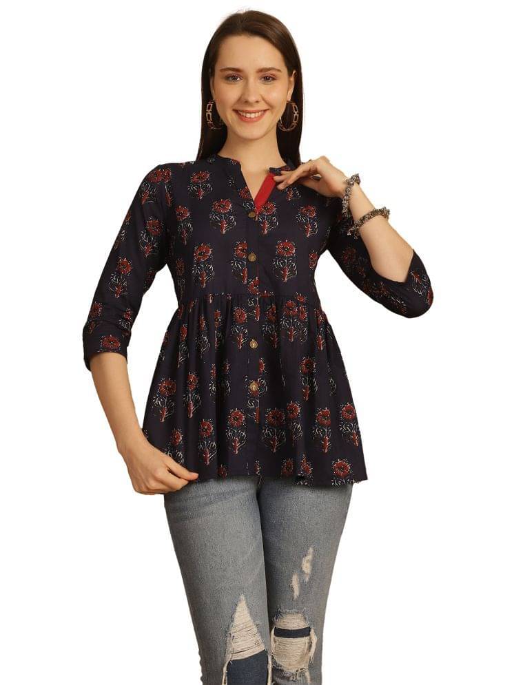 Rajnandini Cotton Printed A-line Women's Kurti - Blue ( Pack of 1 ) Rajnandini Cotton Printed A-line Women's Kurti - Blue ( Pack of 1 )