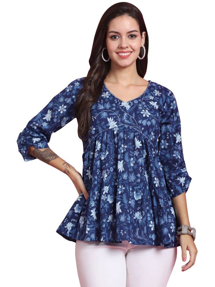 Rajnandini Cotton Printed A-line Women's Kurti - Blue ( Pack of 1 ) Rajnandini Cotton Printed A-line Women's Kurti - Blue ( Pack of 1 )