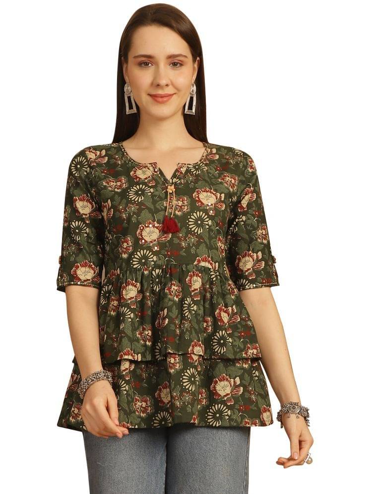 Rajnandini Cotton Printed A-line Women's Kurti - Green ( Pack of 1 ) Rajnandini Cotton Printed A-line Women's Kurti - Green ( Pack of 1 )