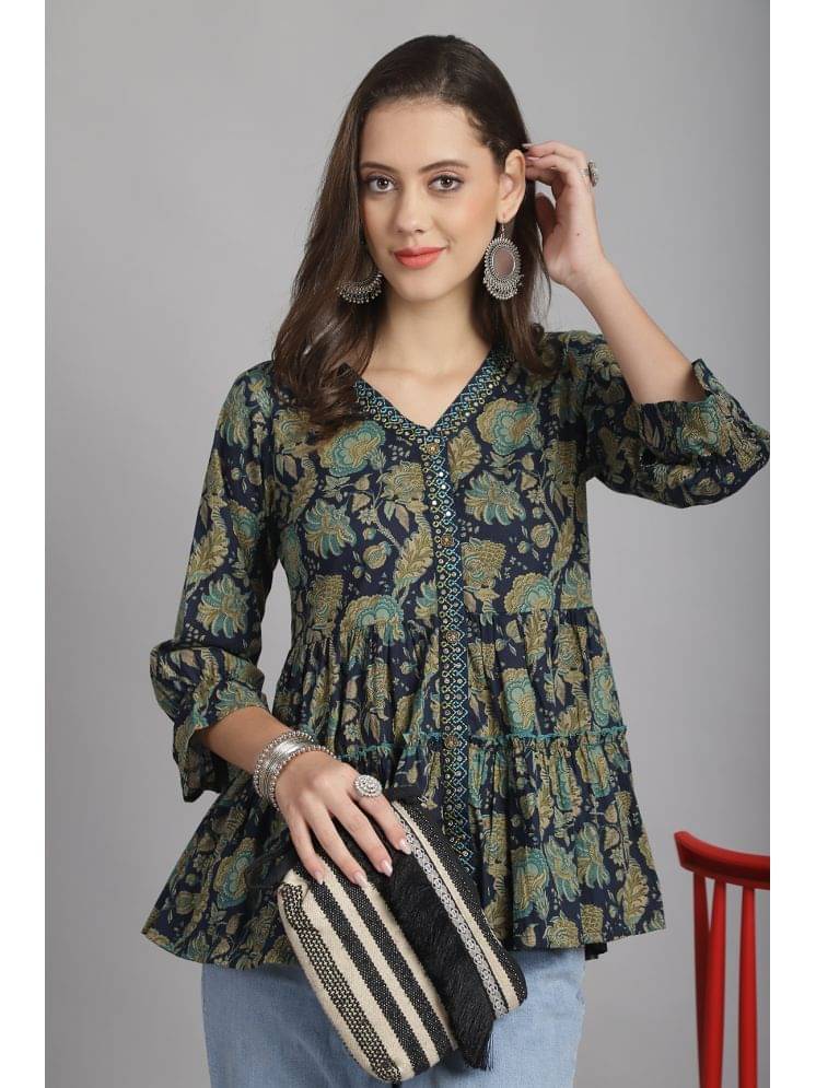 Rajnandini Cotton Printed A-line Women's Kurti - Blue ( Pack of 1 ) Rajnandini Cotton Printed A-line Women's Kurti - Blue ( Pack of 1 )