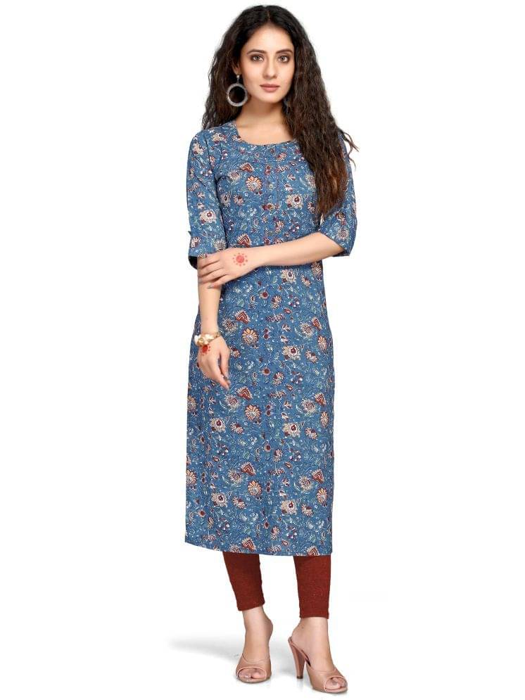Rajnandini Cotton Printed Straight Women's Kurti - Blue ( Pack of 1 ) Rajnandini Cotton Printed Straight Women's Kurti - Blue ( Pack of 1 )