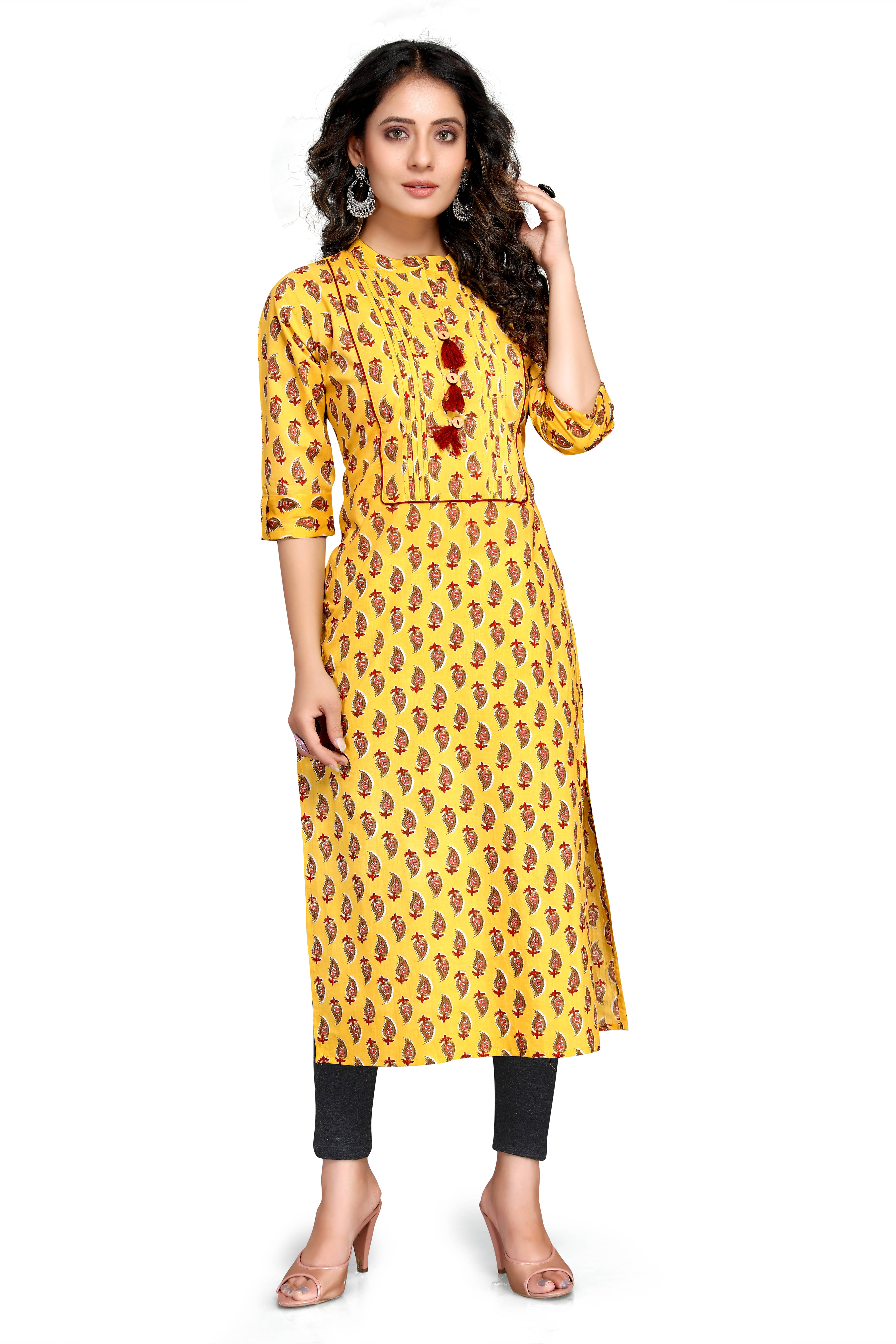 Rajnandini Cotton Printed Straight Women's Kurti - Yellow ( Pack of 1 ) Rajnandini Cotton Printed Straight Women's Kurti - Yellow ( Pack of 1 )
