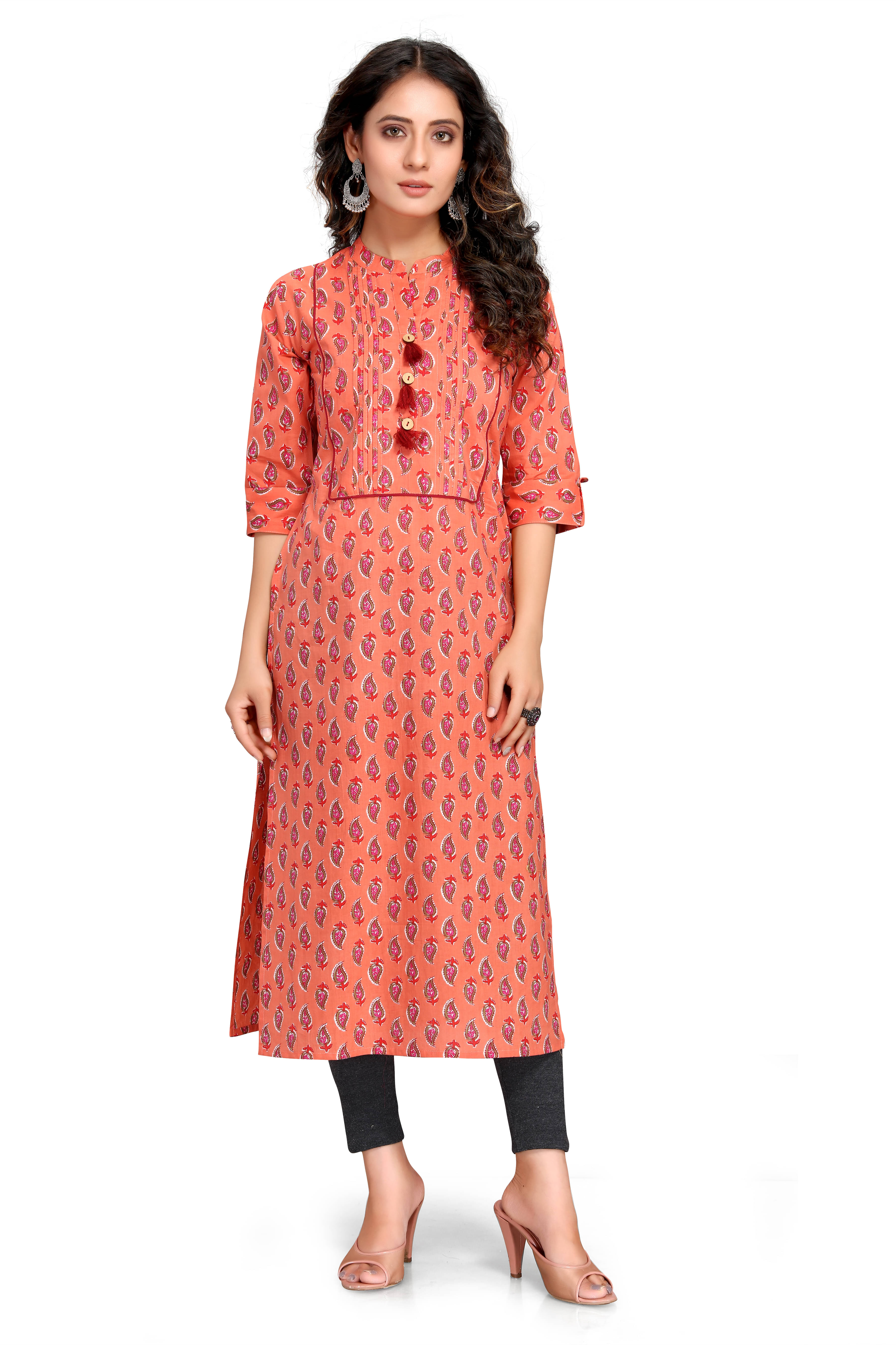 Rajnandini Cotton Printed Straight Women's Kurti - Orange ( Pack of 1 ) Rajnandini Cotton Printed Straight Women's Kurti - Orange ( Pack of 1 )