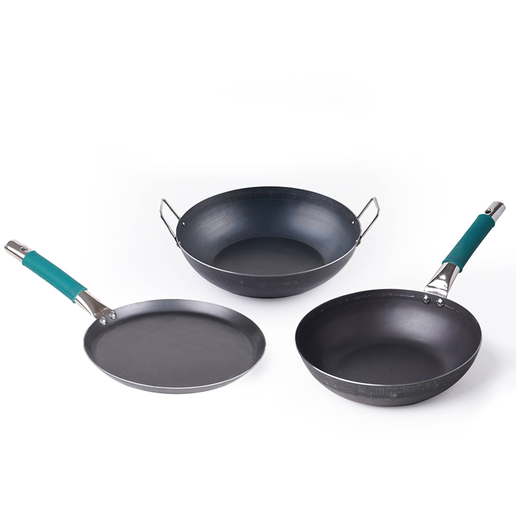     			The Indus Valley Cookware Combo set Black Iron ( Set of 3 )