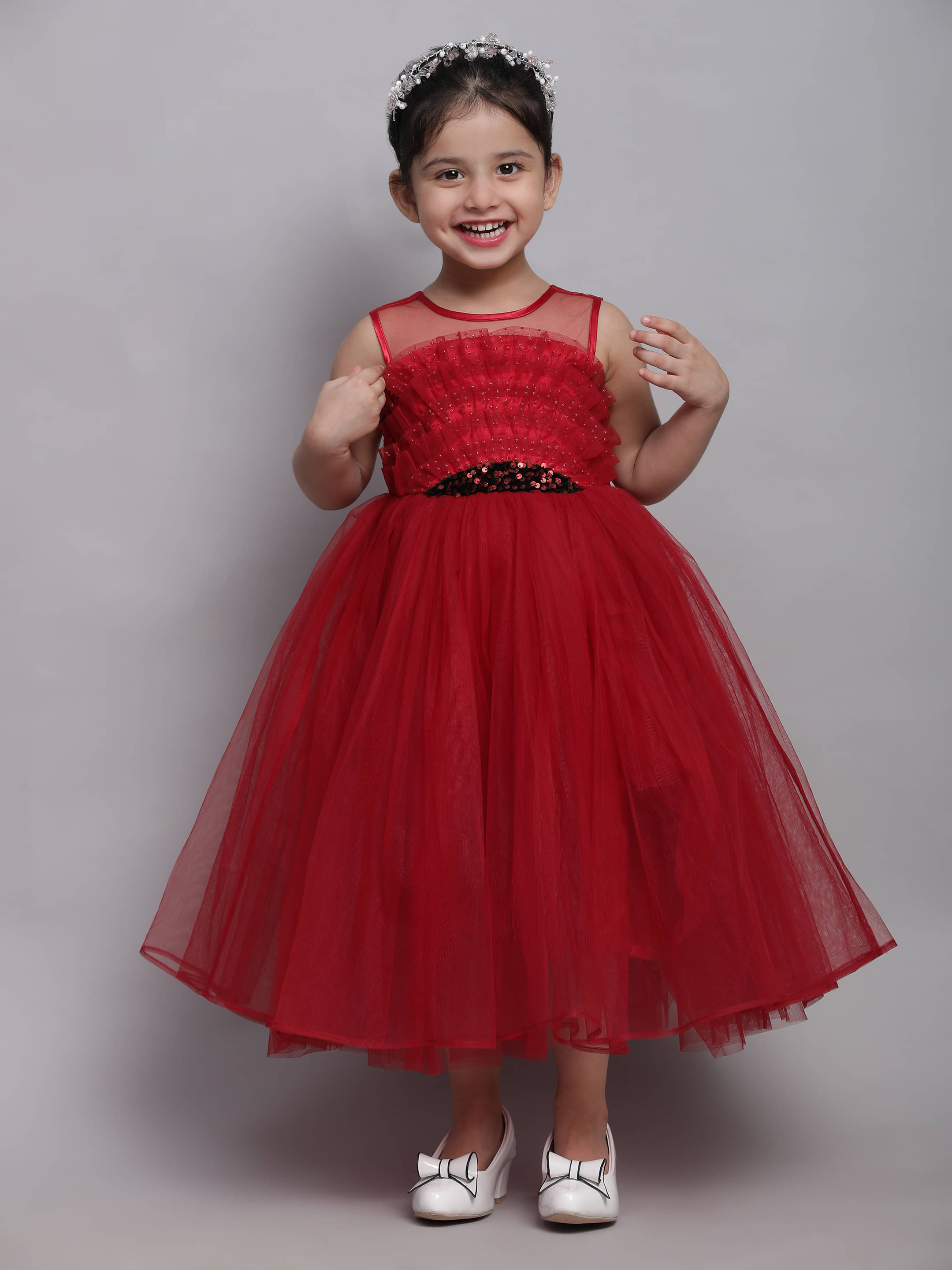     			Toy Balloon Kids Net Fit And Flare Dress For Girls ( Pack of 1 , Maroon )