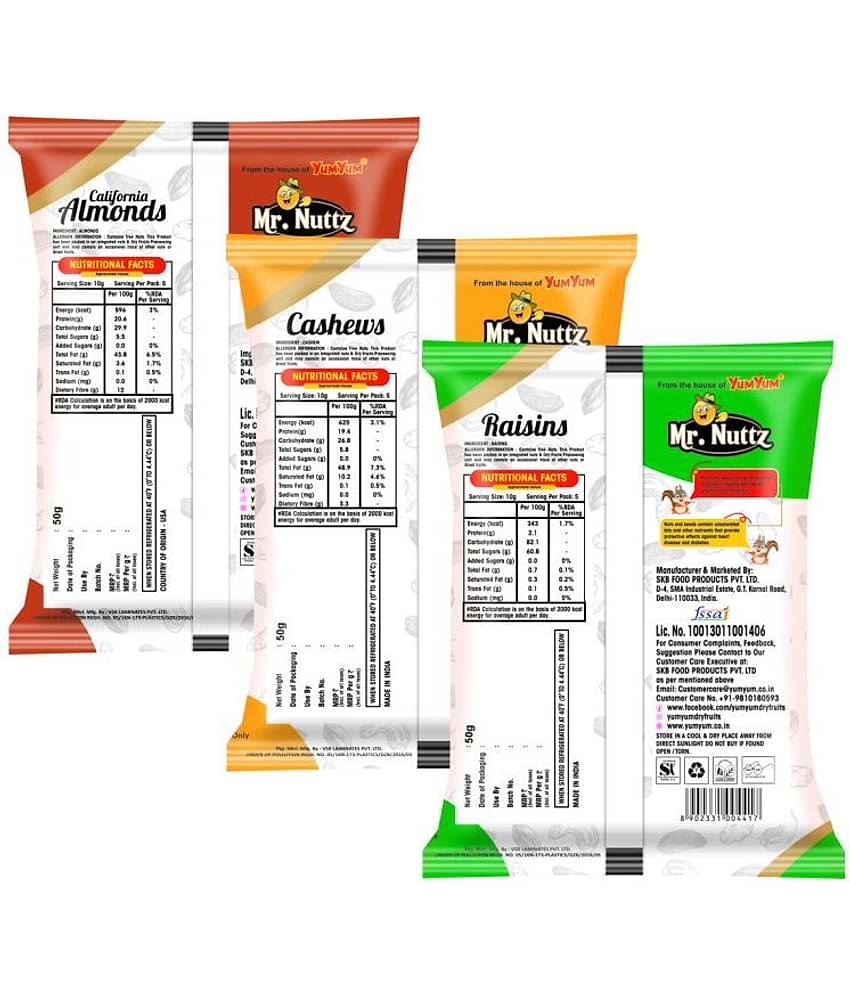 Mr.Nuttz Premium Dry Fruits - Almonds, Cashews, Raisins Combo Pack (3 x 50 g)