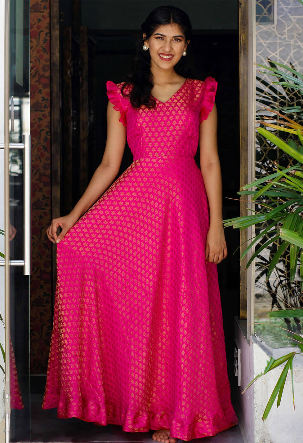     			kedar fab Silk Blend Self Design Full Length Women's Fit & Flare Dress - Pink ( Pack of 1 )