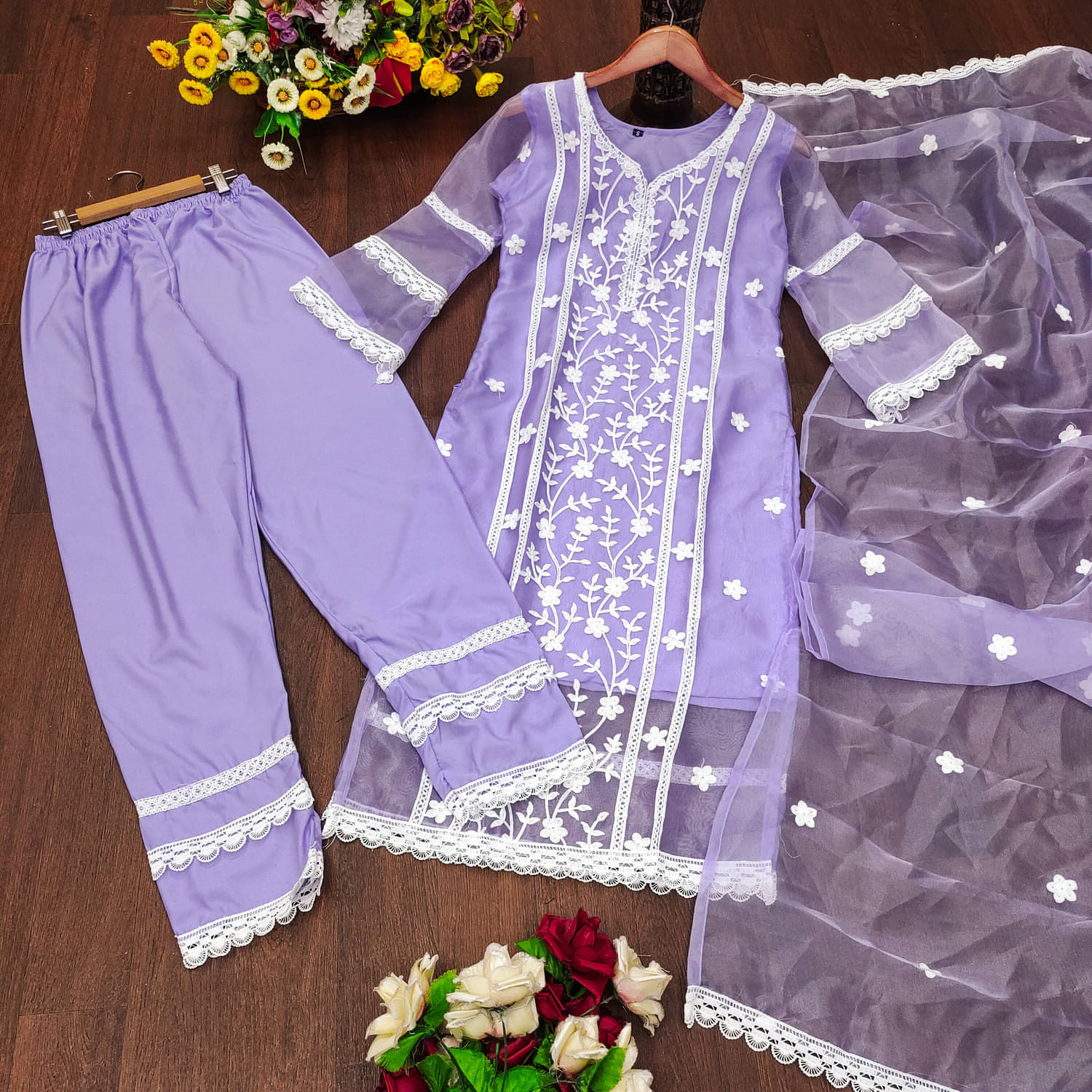 shankhpushpi Organza Embroidered Kurti With Pants Women's Stitched Salwar Suit - Lavender ( Pack of 1 ) shankhpushpi Organza Embroidered Kurti With Pants Women's Stitched Salwar Suit - Lavender ( Pack of 1 )