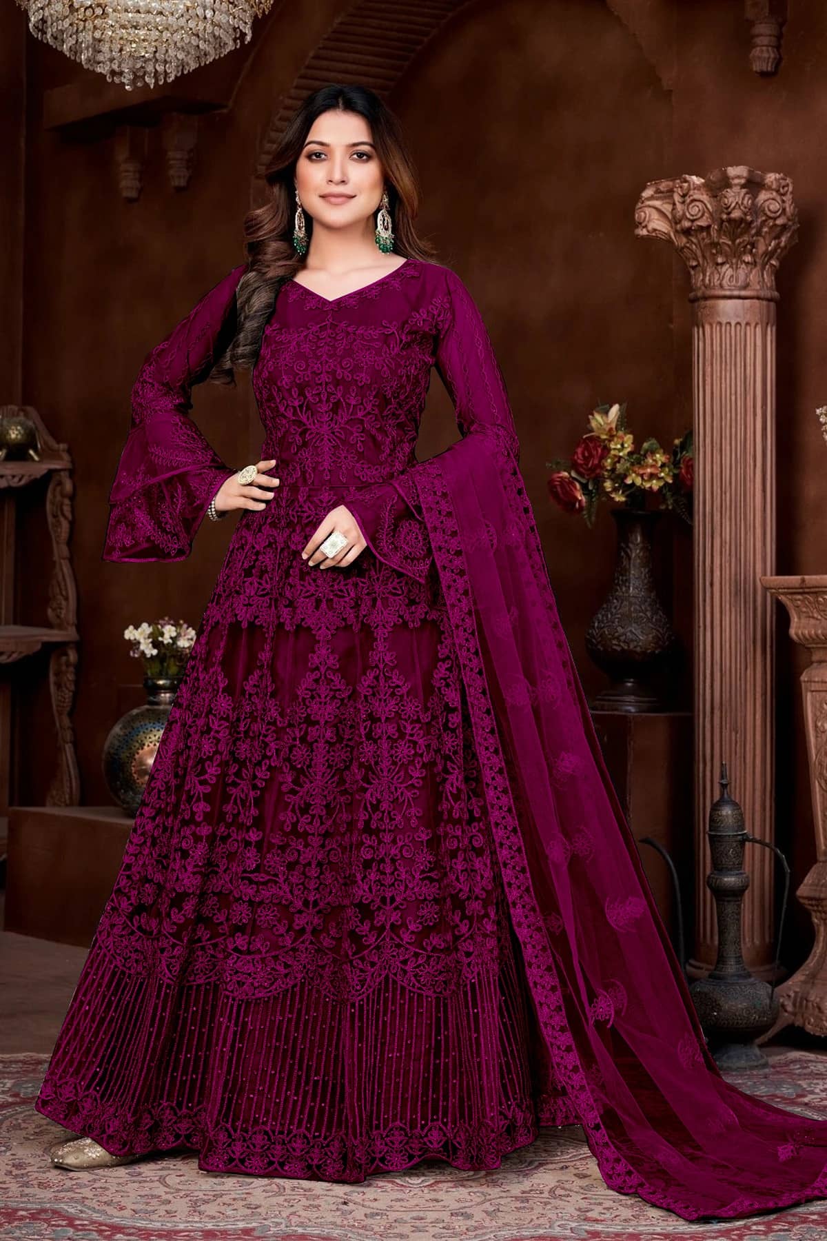 A TO Z CART Wine Flared Net Women's Semi Stitched Ethnic Gown ( Pack of 1 ) - Unstitched Fabrics | Buy online on ZillyBuy