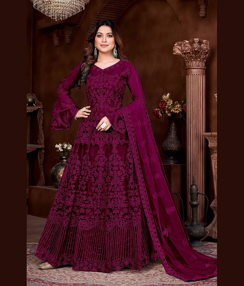 A TO Z CART Wine Flared Net Women's Semi Stitched Ethnic Gown ( Pack of 1 ) - Unstitched Fabrics | Buy online on ZillyBuy