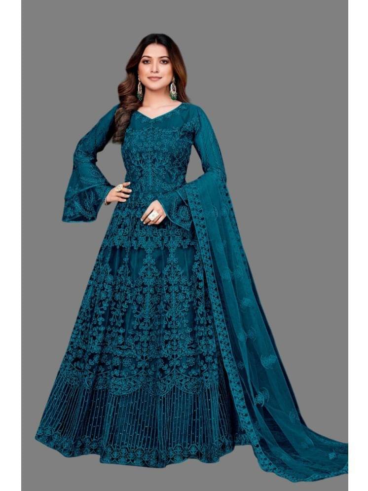 JULEE Teal Flared Net Women's Semi Stitched Ethnic Gown ( Pack of 1 ) JULEE Teal Flared Net Women's Semi Stitched Ethnic Gown ( Pack of 1 )