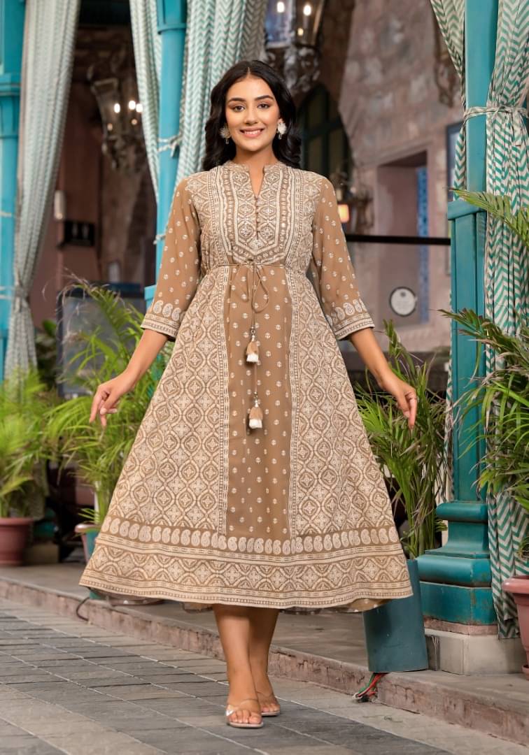     			Juniper Women Georgette Printed Fit & Flare Dress ( Brown )