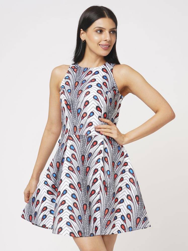     			Leean Patterns Women Polyester Printed Fit & Flare Dress ( White )