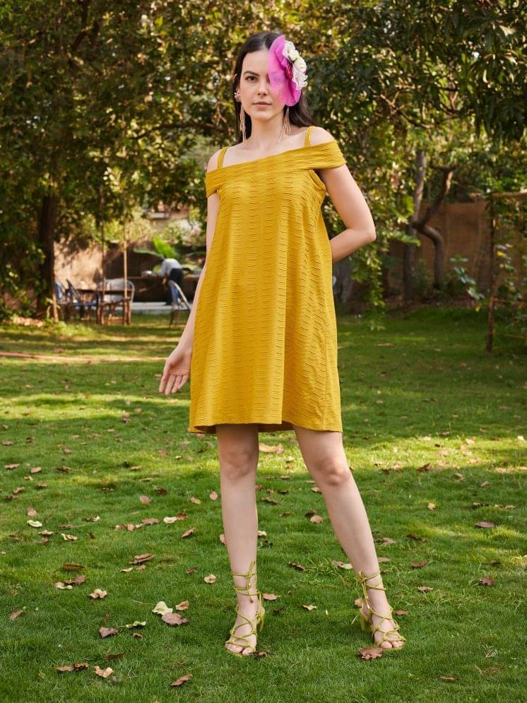 PURVAJA Women Lycra Self Design Off Shoulder Dress ( Yellow ) PURVAJA Women Lycra Self Design Off Shoulder Dress ( Yellow )