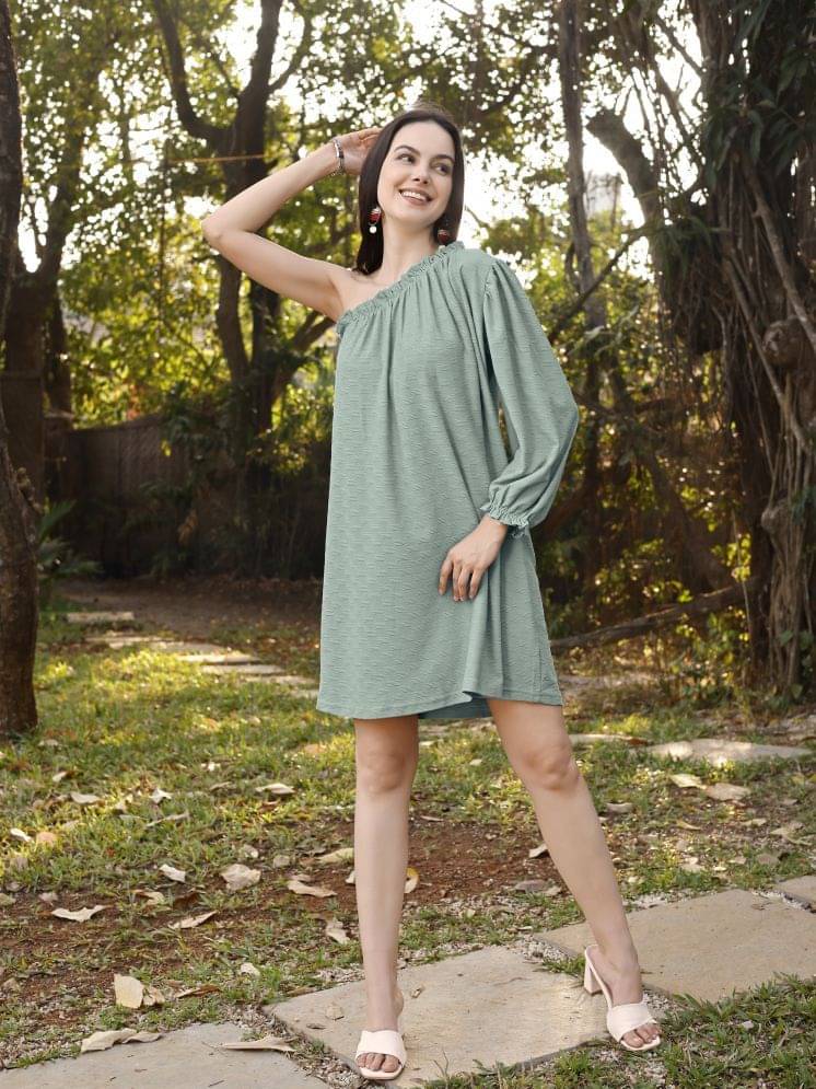 PURVAJA Women Lycra Self Design A-line Dress ( Green ) PURVAJA Women Lycra Self Design A-line Dress ( Green )