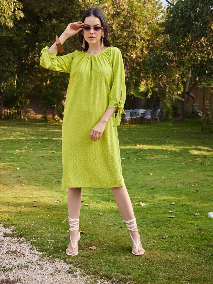 PURVAJA Women Lycra Self Design A-line Dress ( Yellow ) PURVAJA Women Lycra Self Design A-line Dress ( Yellow )