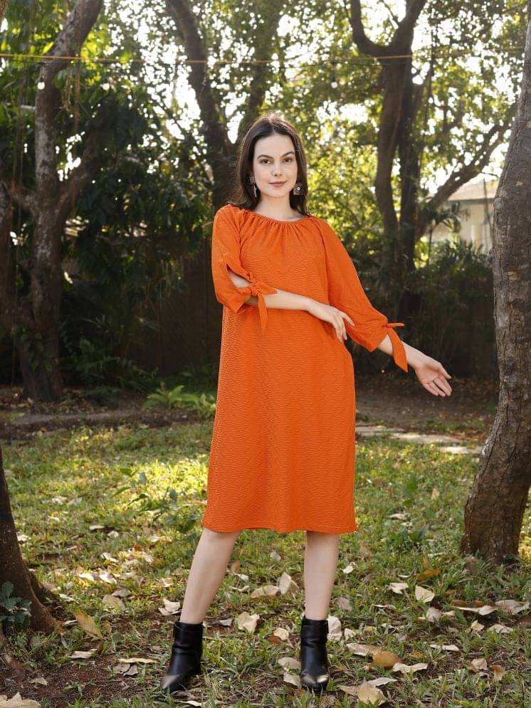 PURVAJA Women Lycra Self Design A-line Dress ( Orange ) PURVAJA Women Lycra Self Design A-line Dress ( Orange )