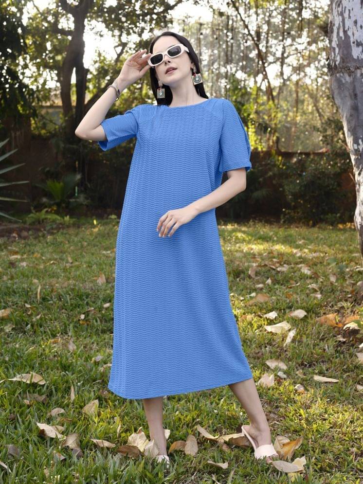     			PURVAJA Women Lycra Self Design A-line Dress ( Blue )