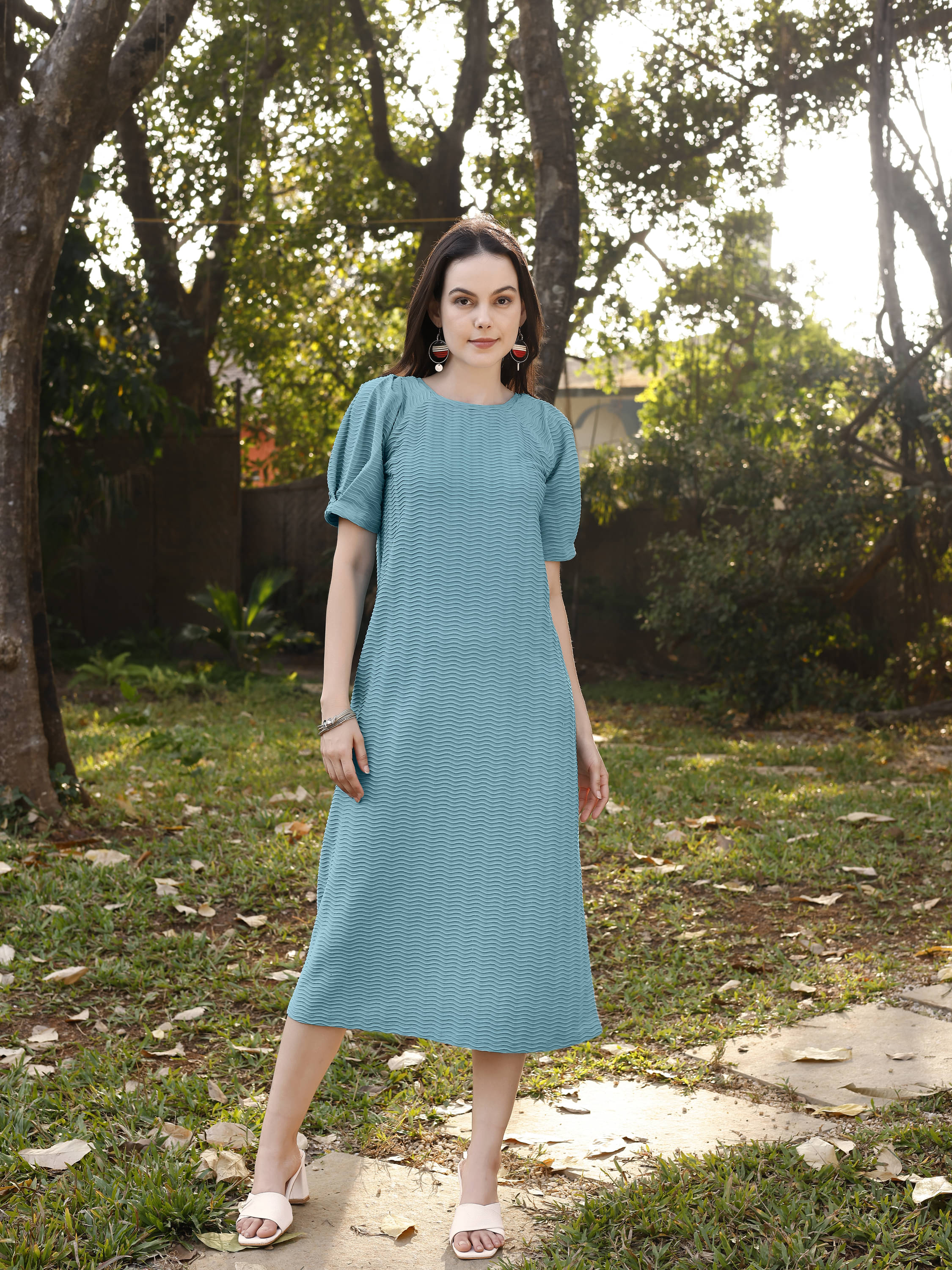 PURVAJA Lycra Self Design Midi Women's A-line Dress - Light Blue ( Pack of 1 ) PURVAJA Lycra Self Design Midi Women's A-line Dress - Light Blue ( Pack of 1 )