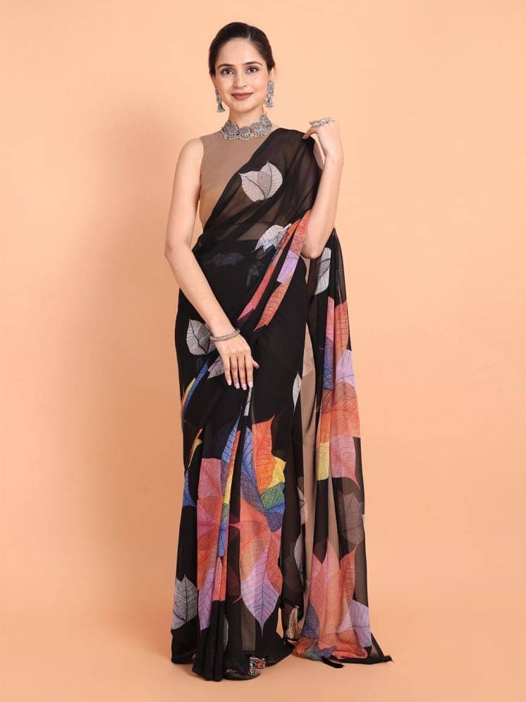 BLEESBURY Chiffon Printed Saree With Unstitched Blouse Piece ( Black ) BLEESBURY Chiffon Printed Saree With Unstitched Blouse Piece ( Black )